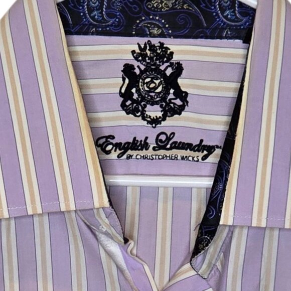English Laundry Men's Shirt By Christopher Wicks Purple Stripped 17.5  34/35 - Picture 3 of 10